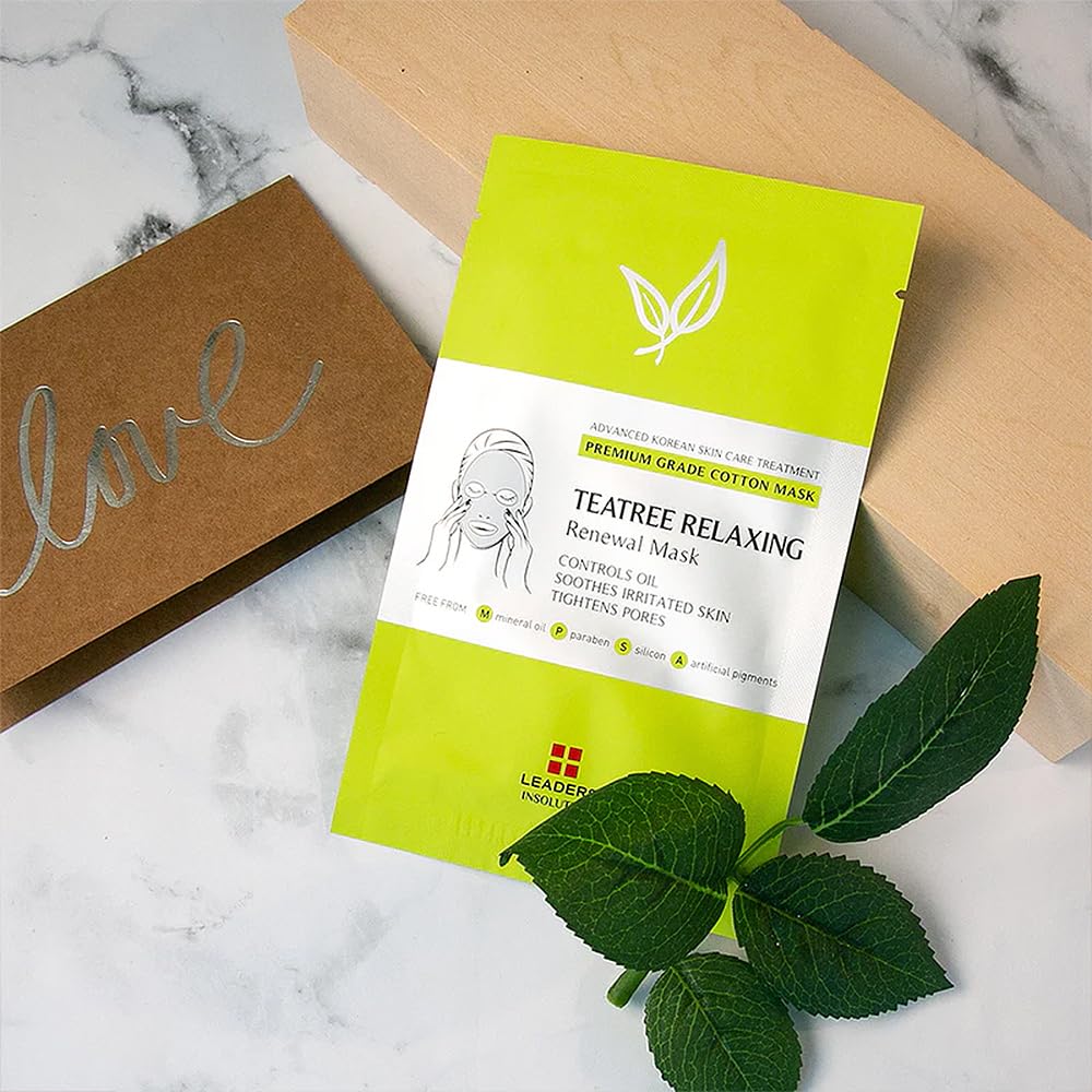 Leaders Insolution Tea Tree Relaxing Skin Renewal Mask | Soothing Facial Sheet for Acne, Oil Control, and Sensitive Skin | Hydrating Botanicals | Calms Redness, Smooth (10 Sheets)