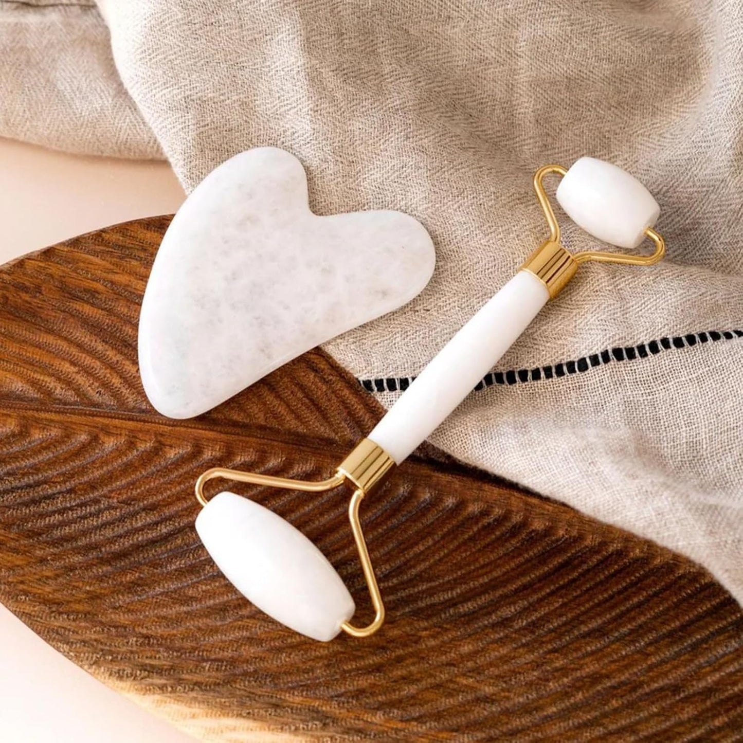 Gua Sha Facial Tools & Face Roller by ROSELYNBOUTIQUE Original Face Massager for Puffiness Wrinkless Skin Care Routine - Self Care Gift for Men Women (White Jade)