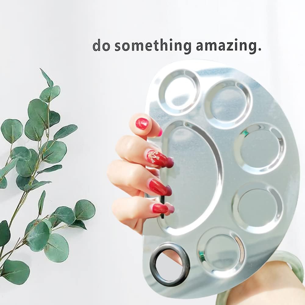 Makeup Palette Stainless Steel Cosmetic Palette 6-well with Spatula Tool for Nail Art Eye Shadow Mixing Foundation Painting Artist Mini Mixing Metal Palette Silver 4.9x3.3inch