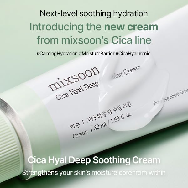 mixsoon Cica Hyal Deep Soothing Cream, 1.69 Fl. Oz / 50ml Lightweight Moisturizer Gel Cream for Sensitive Skin with Centella Asiatica Hyaluronic Acid Ceramide & Panthenol Korea Glass Skin Care