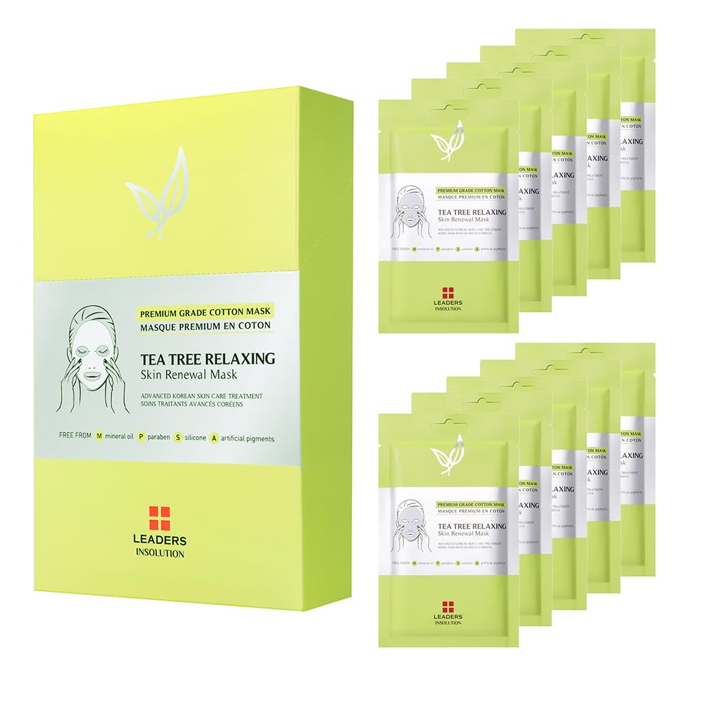 Leaders Insolution Tea Tree Relaxing Skin Renewal Mask | Soothing Facial Sheet for Acne, Oil Control, and Sensitive Skin | Hydrating Botanicals | Calms Redness, Smooth (10 Sheets)