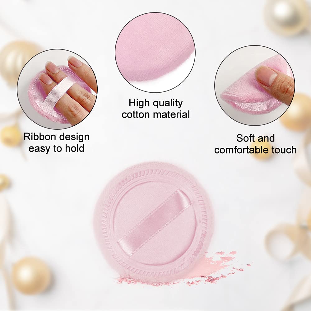 10pcs Powder Puff Cotton Cosmetic Face Makeup Powder Puffs Pads with Ribbon for Loose and Foundation 2.36 inch. (Pink)