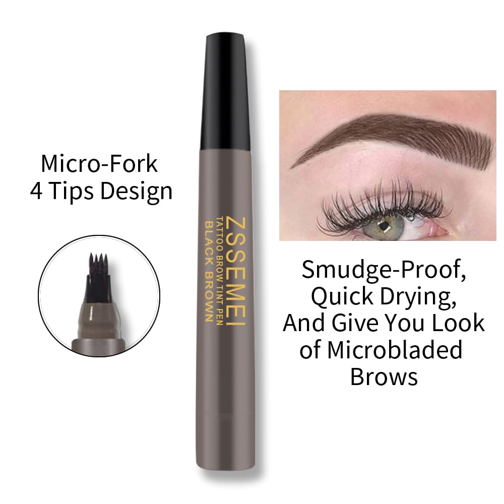 Waterproof Eyebrow Pen - Microblading Tattoo Brow Pencil, 24 Hours Long Lasting, Creates Natural Looking (Black Brown - 2 PCS)