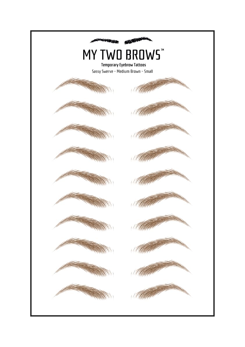 (10 pairs) Medium Brown Temporary Eyebrow Tattoo - Small Size - Waterproof & Smudgeproof - Sassy Swerve Style Eyebrow Stickers - Sheet Lasts up to 30 Days - Won't Work on Existing Brows
