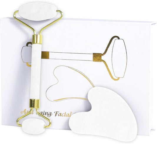 Natural Jade Roller & Gua Sha Set for Face, Facial Massager Tool for Skin Tightening, Anti-Aging, Puffiness Relief, Lymphatic Drainage - Spa Skincare Gift Set for Women (White)