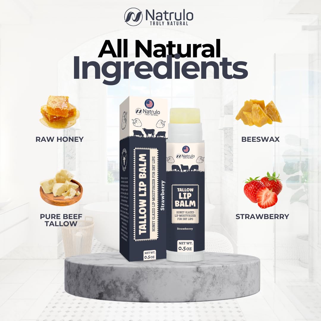 Beef Tallow Lip Balm – Natural Tallow Beeswax Chapstick – Hydrating Moisturizer Grass Fed Tallow Balm Care – Soothes Chapped Dry Lips Sensitive Skin – Long Lasting Vitamin Rich USA-Made, Strawberry