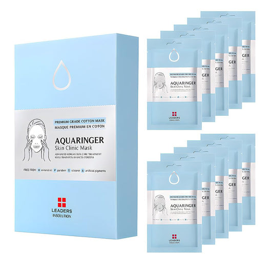 Leaders Insolution Aquaringer Skin Clinic Mask | Intense Hydration Treatment Mask with Swiss Glacial Water & Power Peptides | Moisturizing & Firming for Dry Skin, Fine Lines (10 Sheets)