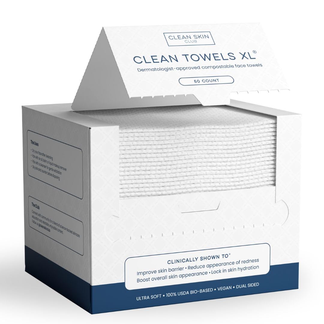 Clean Skin Club Clean Towels XL®, 100% USDA Biobased Face Towel, Disposable Face Towelette, Eczema Association Accepted, Makeup Remover Dry Wipes, Ultra Soft, 1 Pack, 50 Ct