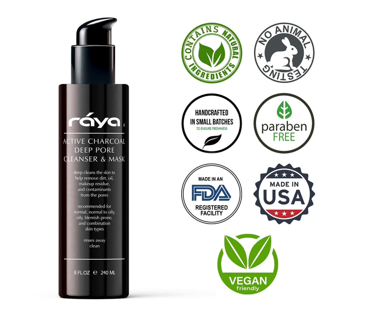 Raya Active Charcoal Deep Pore Facial Cleanser and Mask (121) | Deep Pore Cleansing Fluid for Combination, Oily, and Blemished Skin | Can Be Used as a Deep Pore Detox Mask for Combination Skin