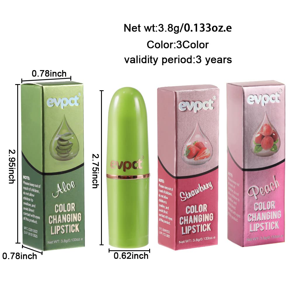 evpct 3Pcs Magic Color Changing Lipstick Long Lasting Waterproof 24 Hours Original for Women, Aloe Vera Strawberry Peach Pink PH Mood Permanent Color Changing Lipstick Lip Balm Gloss, labial magico
