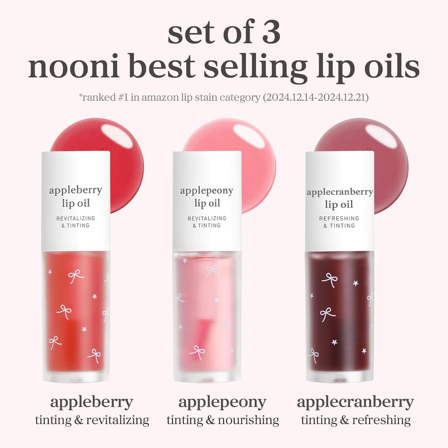 NOONI Korean Lip Oil Gift Set - Apple Seed Lip Oil Trio | Korean Lip Stain Long Lasting Hydration, Moisturizing, Glowing Korean Lip, Plumping, Gift for holiday, Christmas, 0.12 Fl. Oz. x 3ea