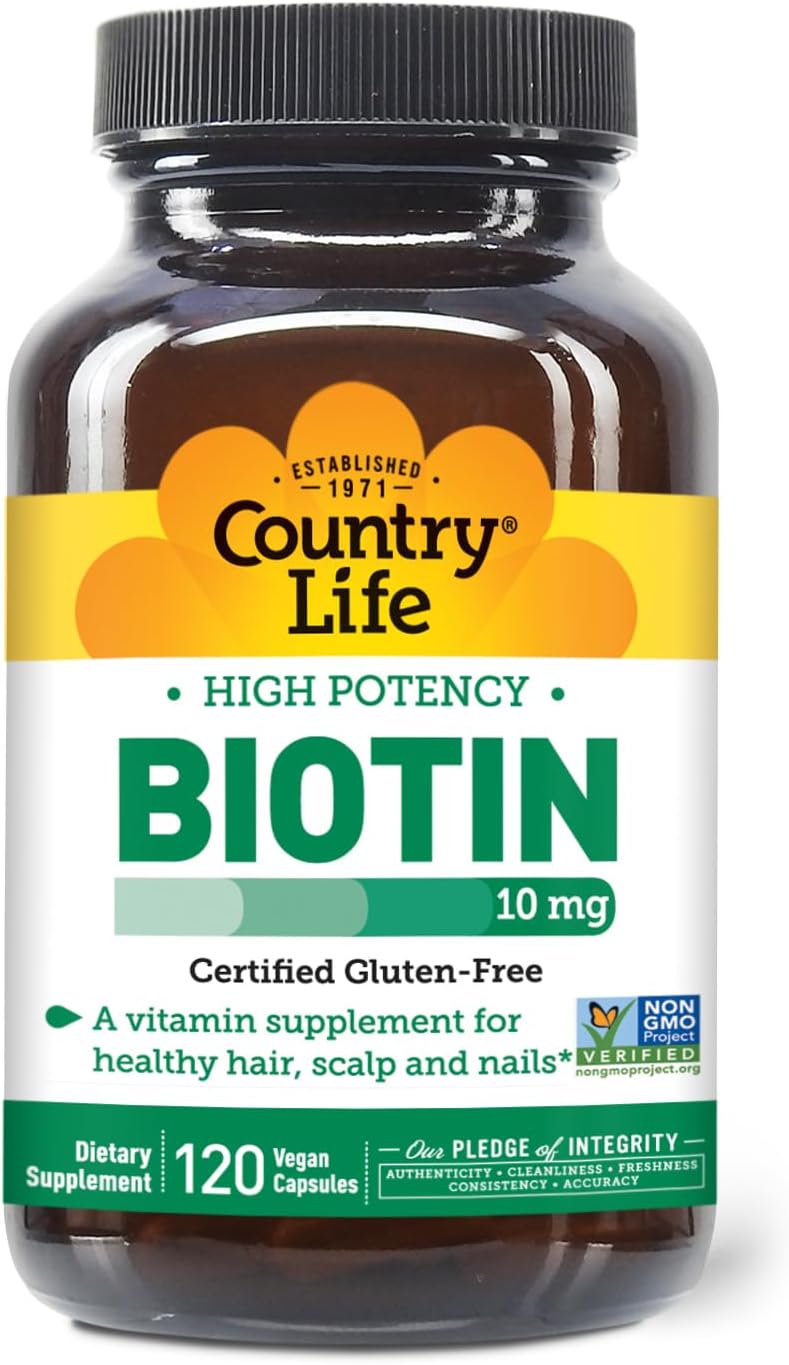 Country Life High-Potency Biotin 10mg - Vegan & Gluten-Free Biotin Supplement for Skin & Nails, Energy Metabolism - Biotin 10000mcg Capsules