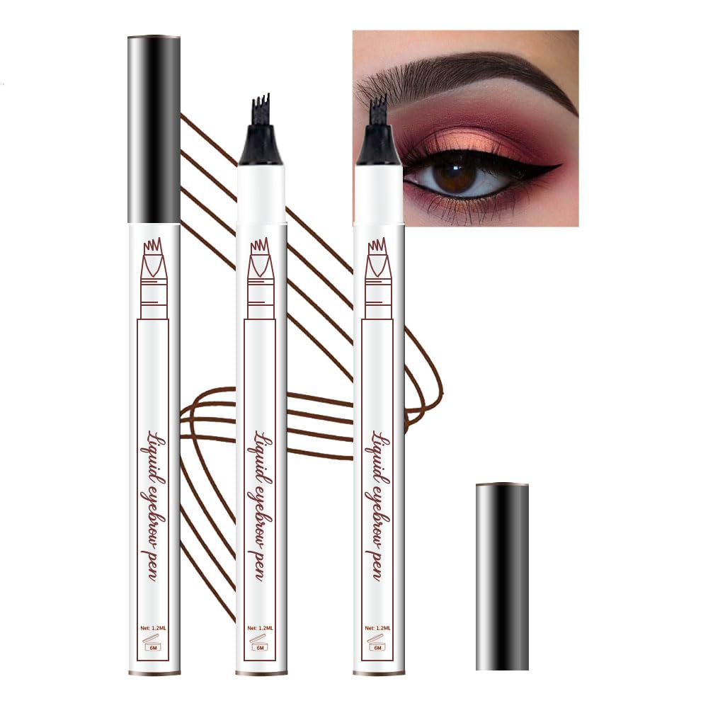 2 Pcs/Set 3D Eyebrow Pencil - Eye Makeup Micro 4 Point Brow Pen Lift & Snatch Eyebrow Pen Kits with 3 Eyebrow Stencil Long-Lasting Waterproof Natural Eyebrow Hair (4# black)