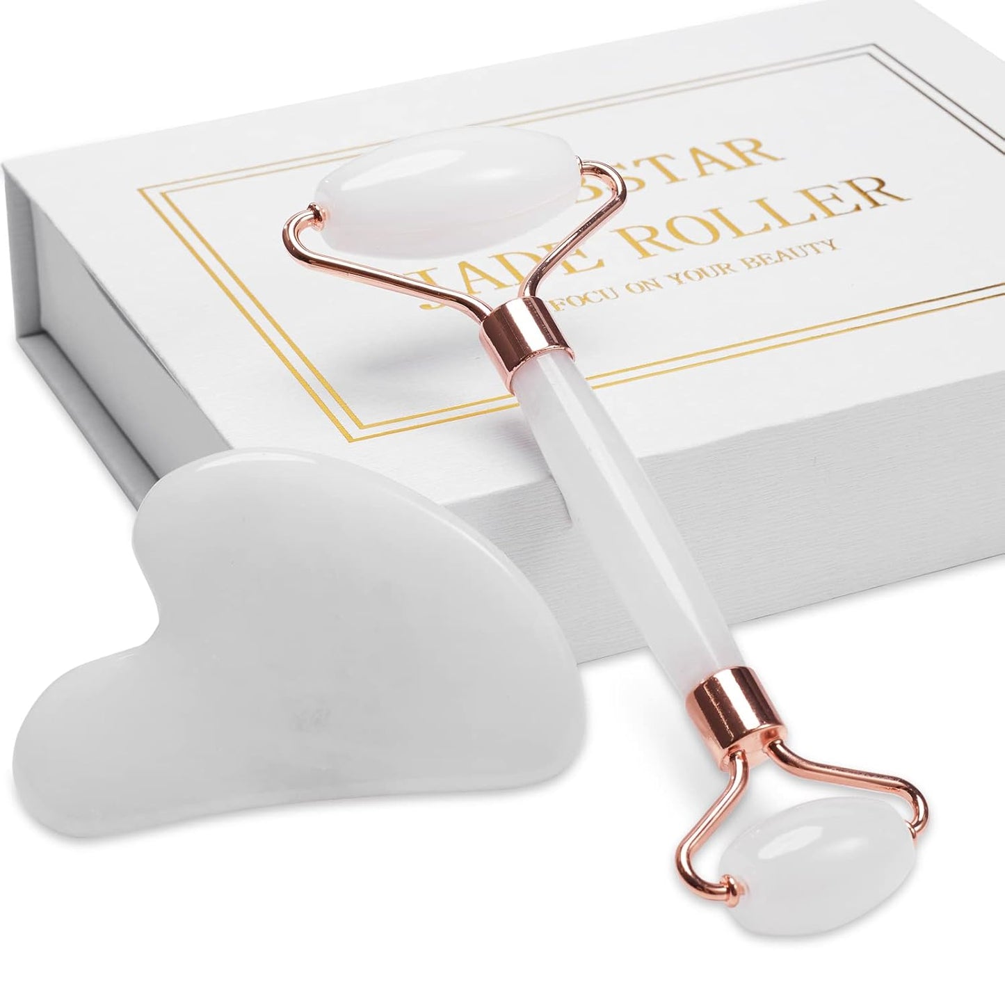 Jade Roller for Face, Facial Roller Massager Skin Care Tool, Gua Sha Facial Tools for Face, Neck, Eyes, Reduce Puffiness of The Skin - White