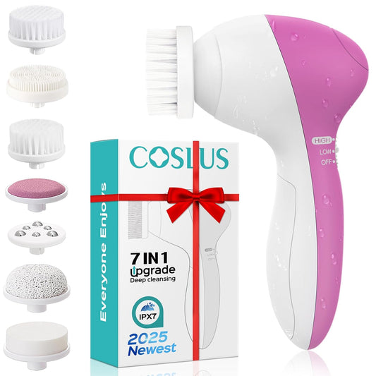 COSLUS Facial Cleansing Brush Silicone Face Scrubber: 7 in 1 FBS-D Electric Exfoliating Rotating Massage Device Waterproof Deep Cleaning Exfoliation Spa Machine - Electronic Skin Care Wash System