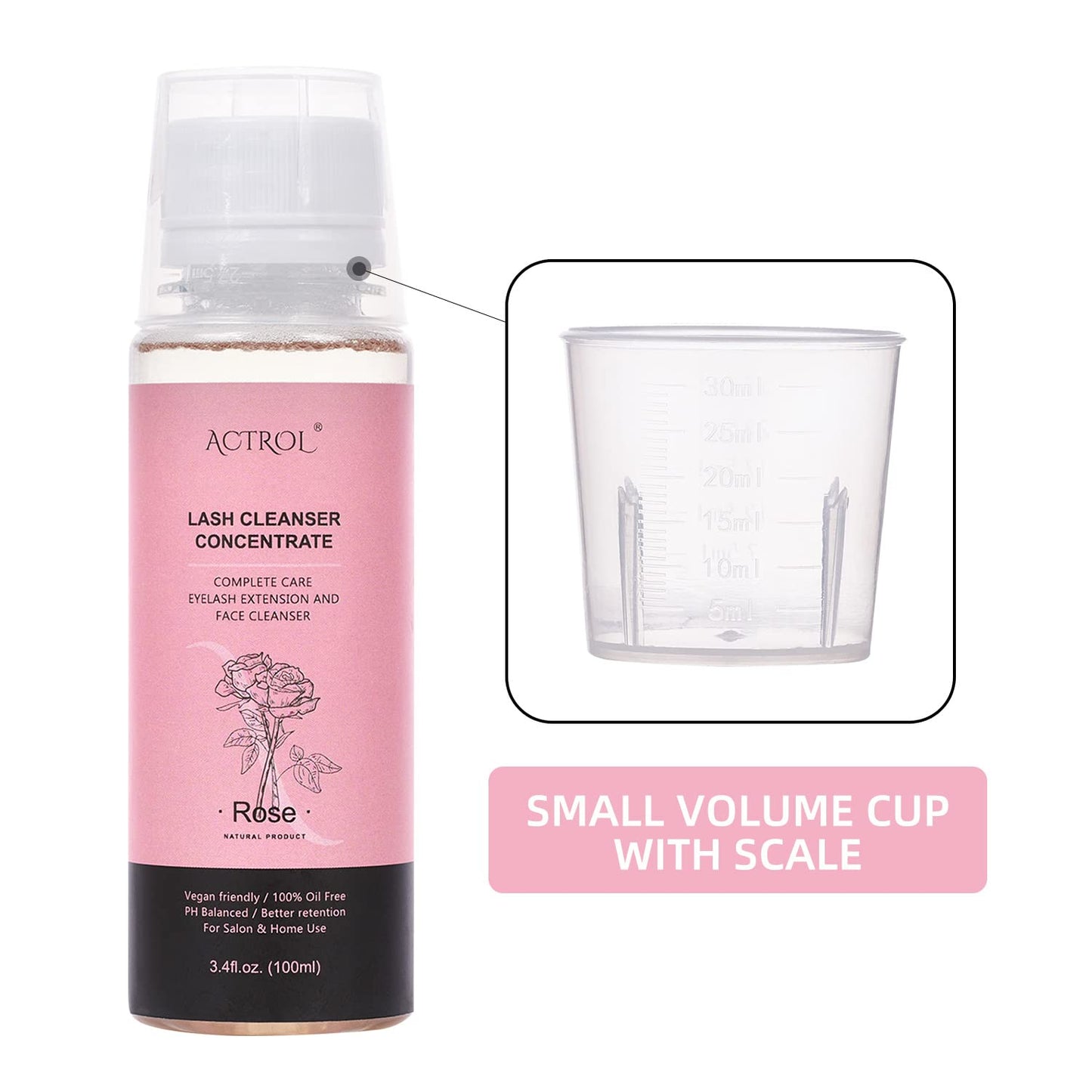 Eyelash Shampoo Concentrate 100ml Lash Extensions Cleanser Concentrate Rose Natural Foaming Shampoo Wash for Extensions Lashes with Salon Home Care-Makes 60ml Bottles