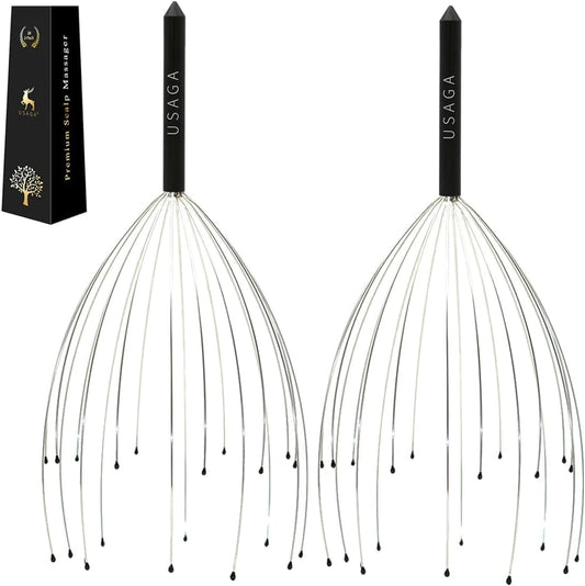 USAGA Head Massager Scalp Massager 20 Fingers Head Scratcher for Scalp Body Relaxing (Black & Black)