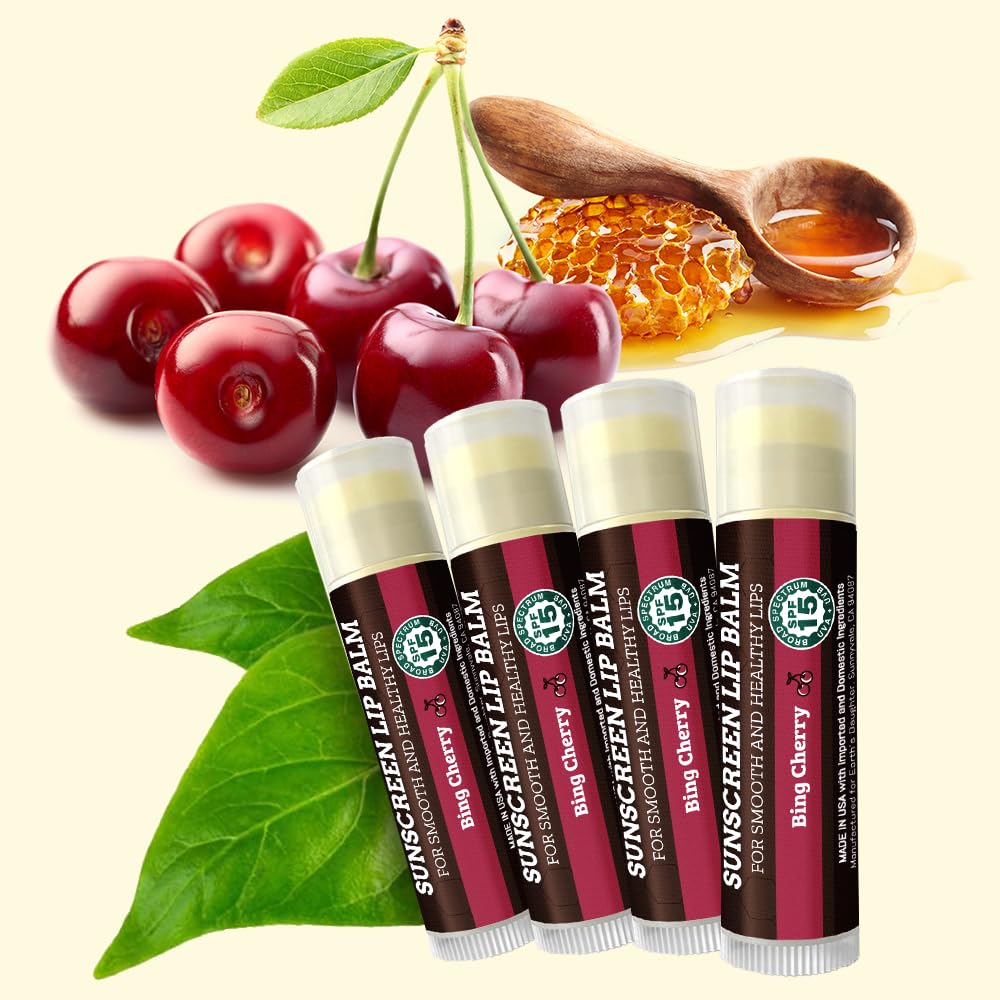 Earth's Daughter SPF Lip Balm Cherry Flavor 4-Pack - Lip Sunscreen, SPF 15, Organic Ingredients, Beeswax, Coconut Oil, Vitamin E - Hypoallergenic, Paraben Free, Gluten Free