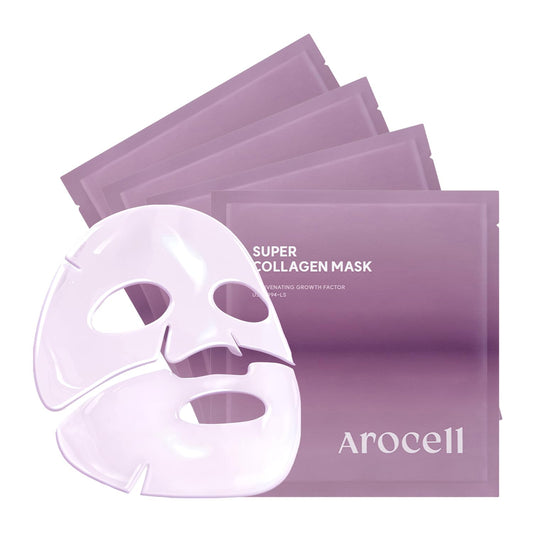 AROCELL Super Collagen Mask 4 Facial Sheet 5,000,000ppb Overnight Dual Matrix Hydrogel Masks with Low Molecular Weight Collagen for Elasticity Hydrating Anti-Aging Cooling Korean Skincare, 43g x 4ea