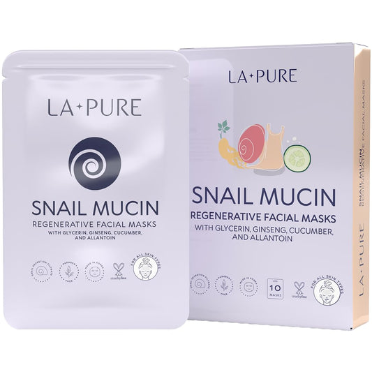 Snail Mucin Mask – 10ct Korean Sheet Mask Pack for Signs of Aging, Aid Skin Repair & Hydration – Pure Snail Mask for Face with Collagen & Hyaluronic Acid – Cruelty-Free Hydrating Sheet Mask