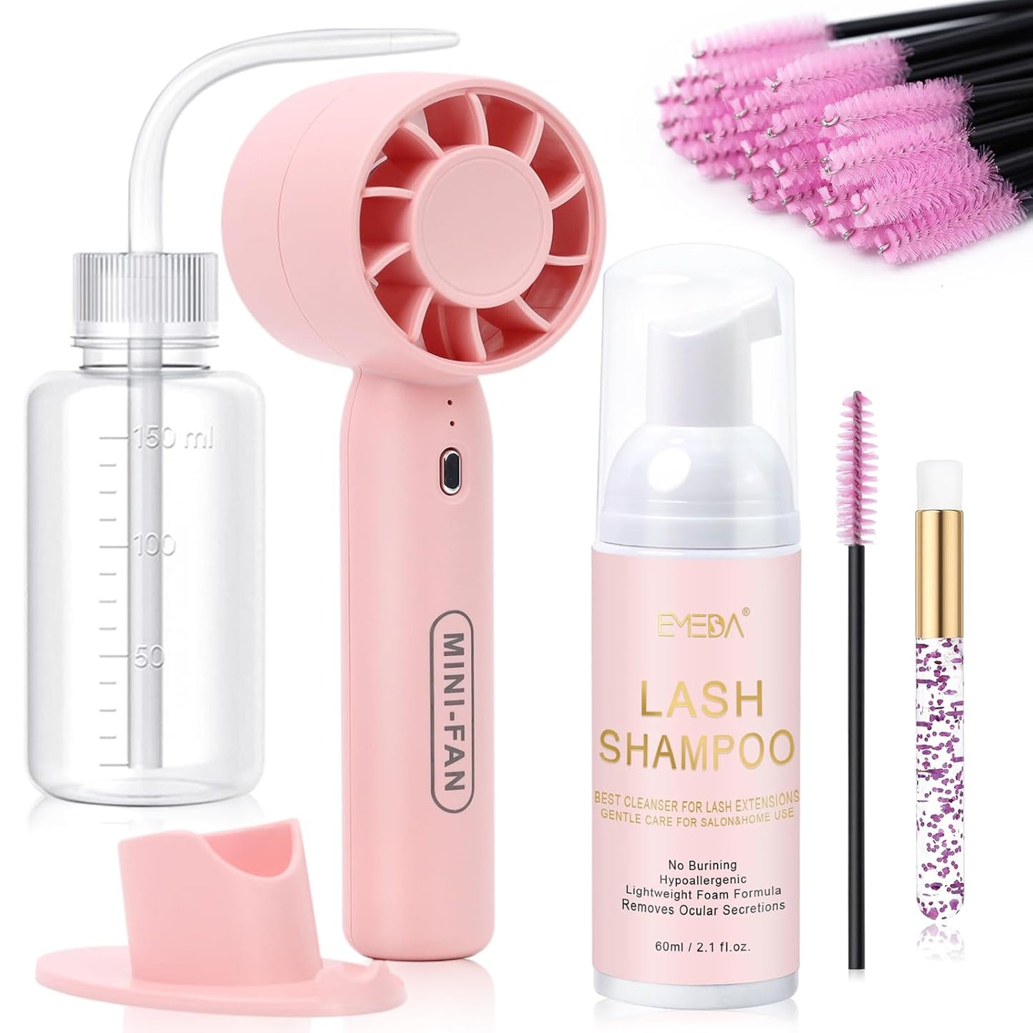 EMEDA Lash Shampoo Kit 2.02 fl oz Lash Cleaning Kit with Rechargeable Fan Dryer/Brush/Rinse Bottle, Oil-free Cleanser Wash for Extensions & Clusters & Natural Eyelashes, Cleaner for Eyelash Care