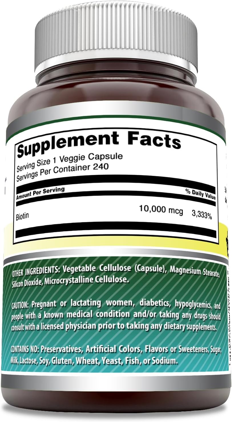 Amazing Formulas Biotin 10000 mcg Veggie Capsules | Vitamin B7 Supplement | Non-GMO | Gluten Free | Made in USA (240 Count)