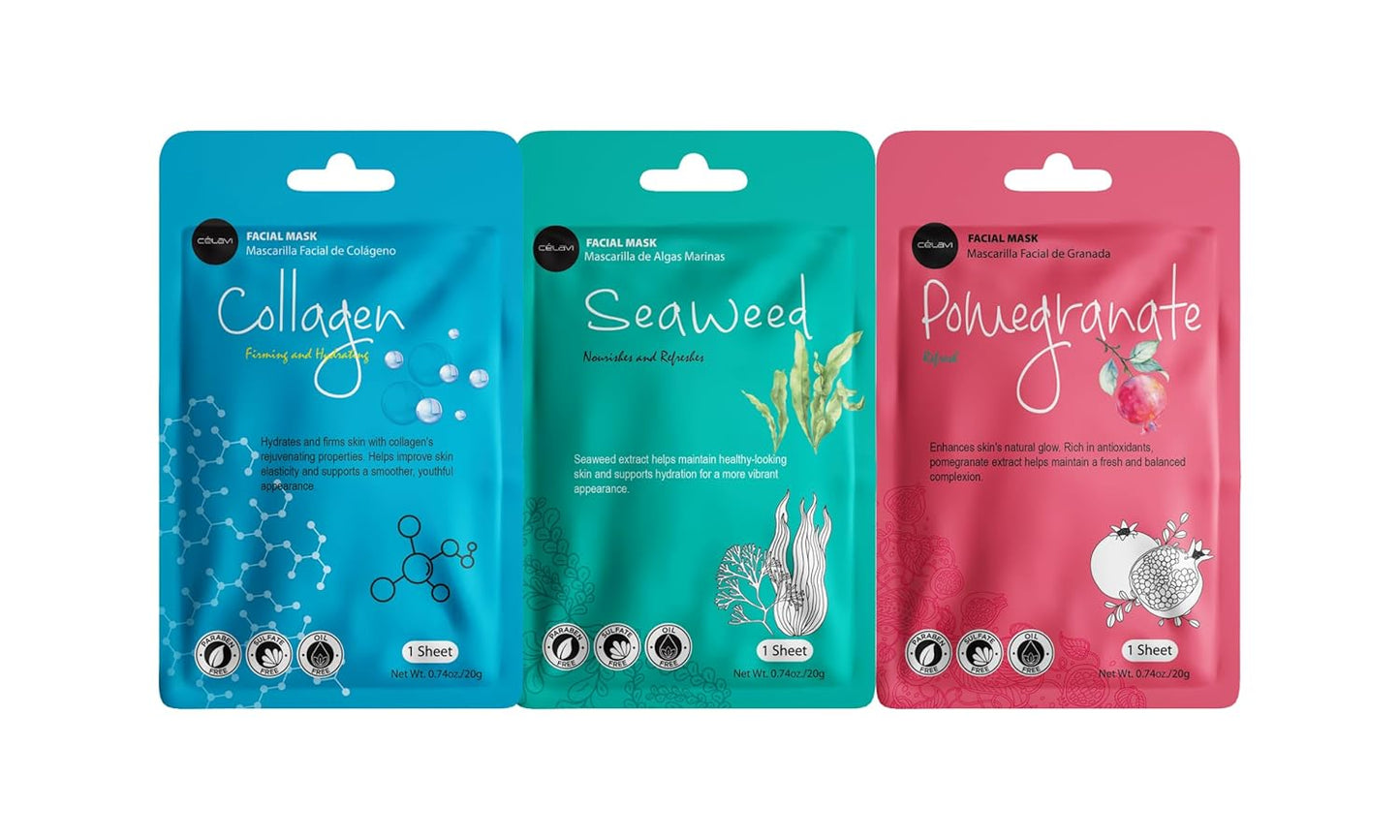 Celavi Essence Facial Sheet Face Mask Variety Set Classic Authentic Korean Moisturizing Skincare (Variation 1, 12 Count (Pack of 3))