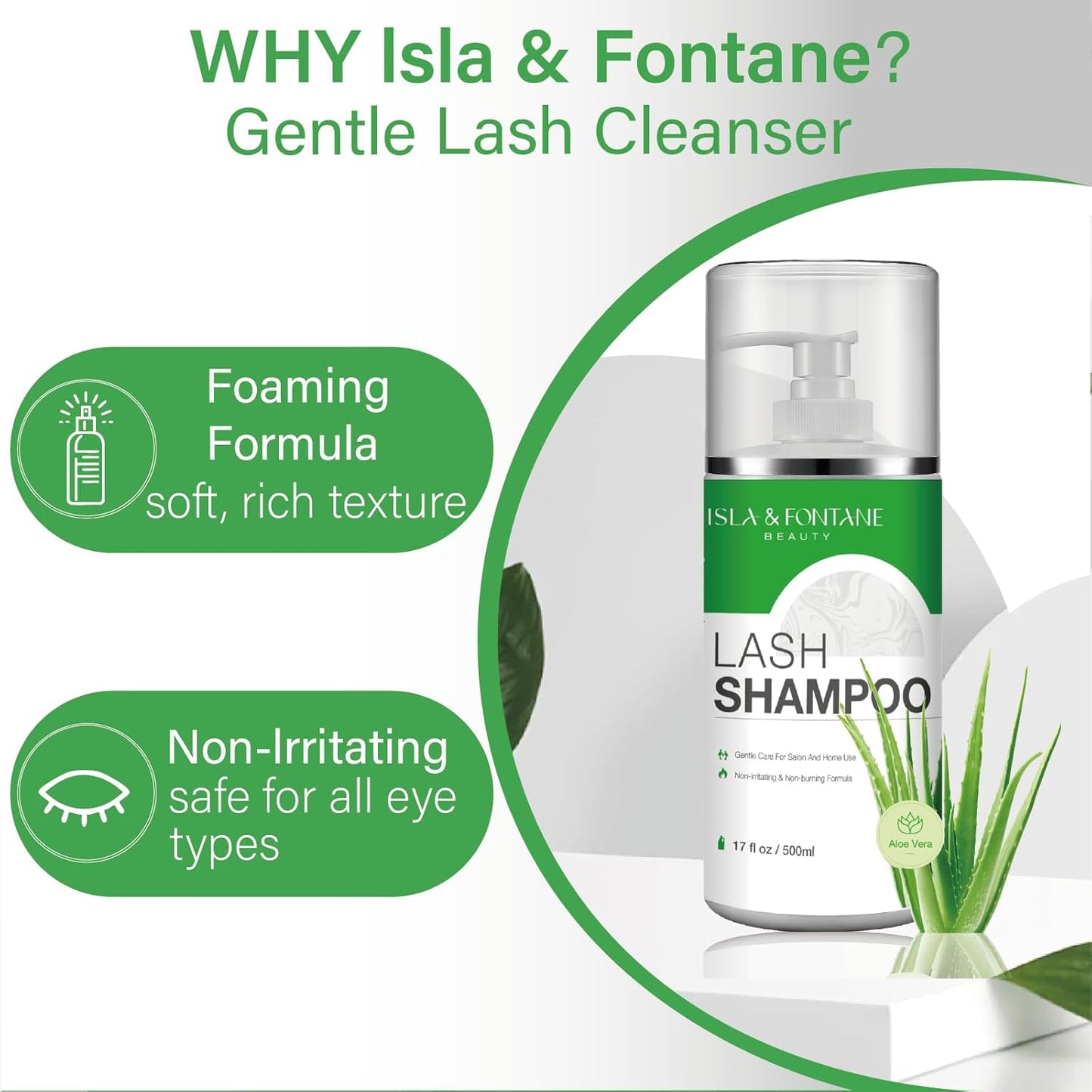 Isla & Fontane Lash Shampoo Bulk – Multi-Scent Series – 17 fl oz / 500ml | Gentle Eyelash Cleanser for Lash Extensions | Non-Irritating | Professional Lash Bath Foam For Salon And Home Use (Aloe Vera)