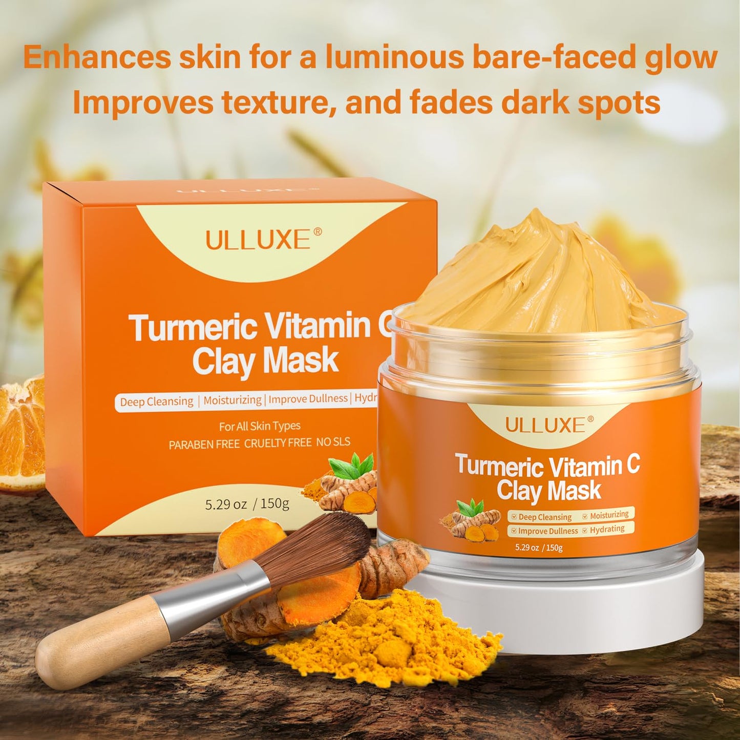 Turmeric Vitamin C Clay Mask for Dark Spots, Dull Skin, Moisturizing, Skincare Facial Mask for Blackheads and Pores Cleansing, Improve Uneven Skin Tone, Face Skincare Gift, 5.29 oz