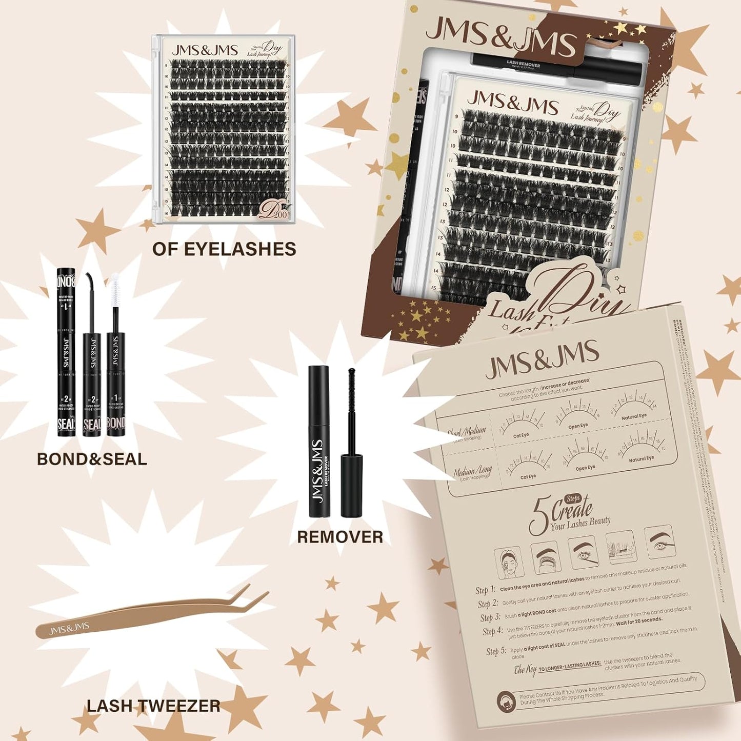 JMS&JMS DIY Lash Extension Kit Lash Clusters Kit 200D D Curl Individual Lashes Eyelash Extension Kit 182pcs Thin Band Cluster Lashes Lash Bond and Seal Tweezers Easy to apply