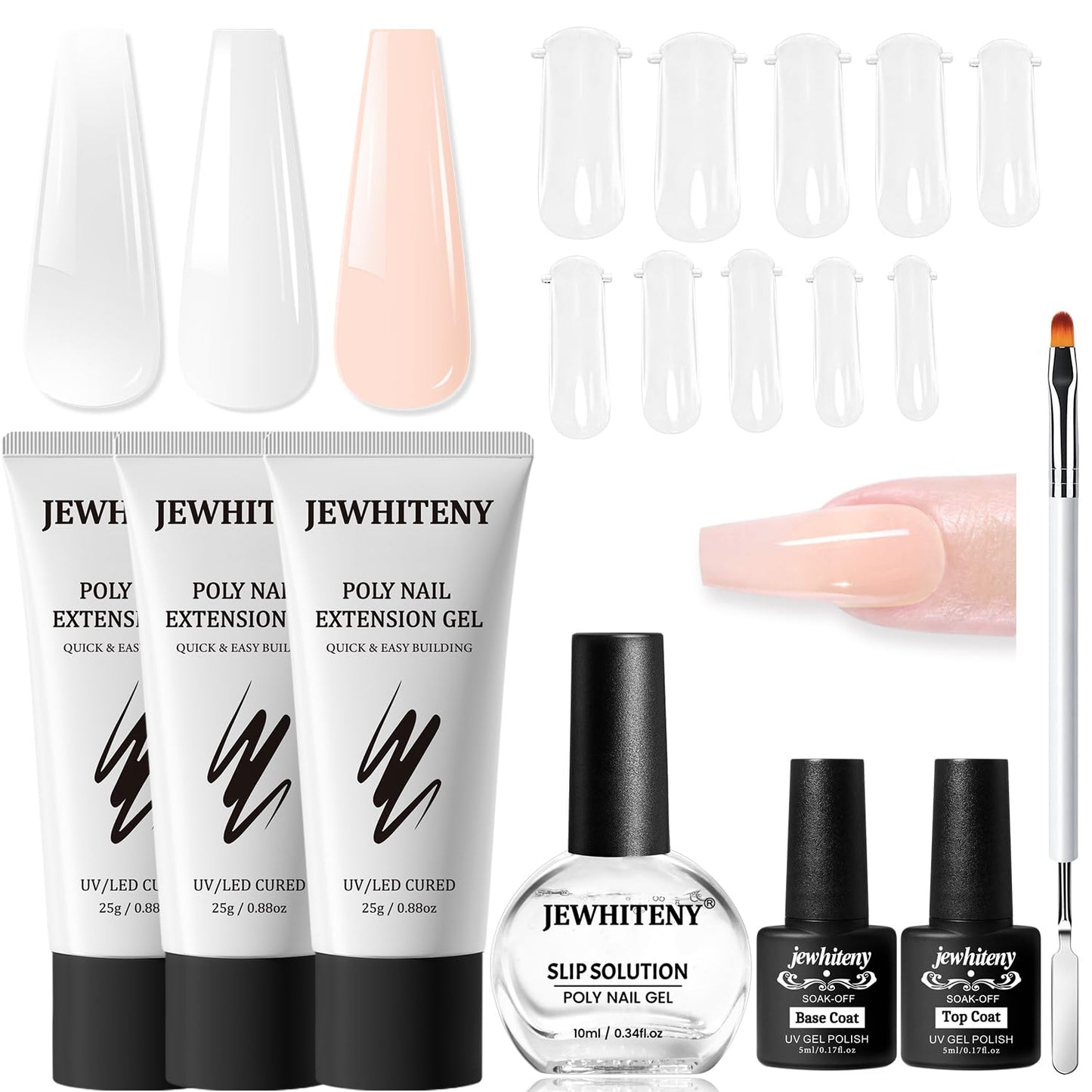 JEWHITENY Poly Extension Gel Nail Set Clear White Pink Poly Nail Gel With Slip Solution Base Coat Top Coat French Manicure for Finger Art and Home DIY Need U V Lamp Curing
