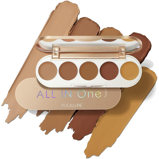 FOCALLURE #GoldenAge 5 in 1 Multi Uses Concealer Palette, 5 Colors Correcting Conceal Palette, Camouflage Contour Palettes for Dark Circles, Face Contouring Highlighter Pallet, BR01 DEEP