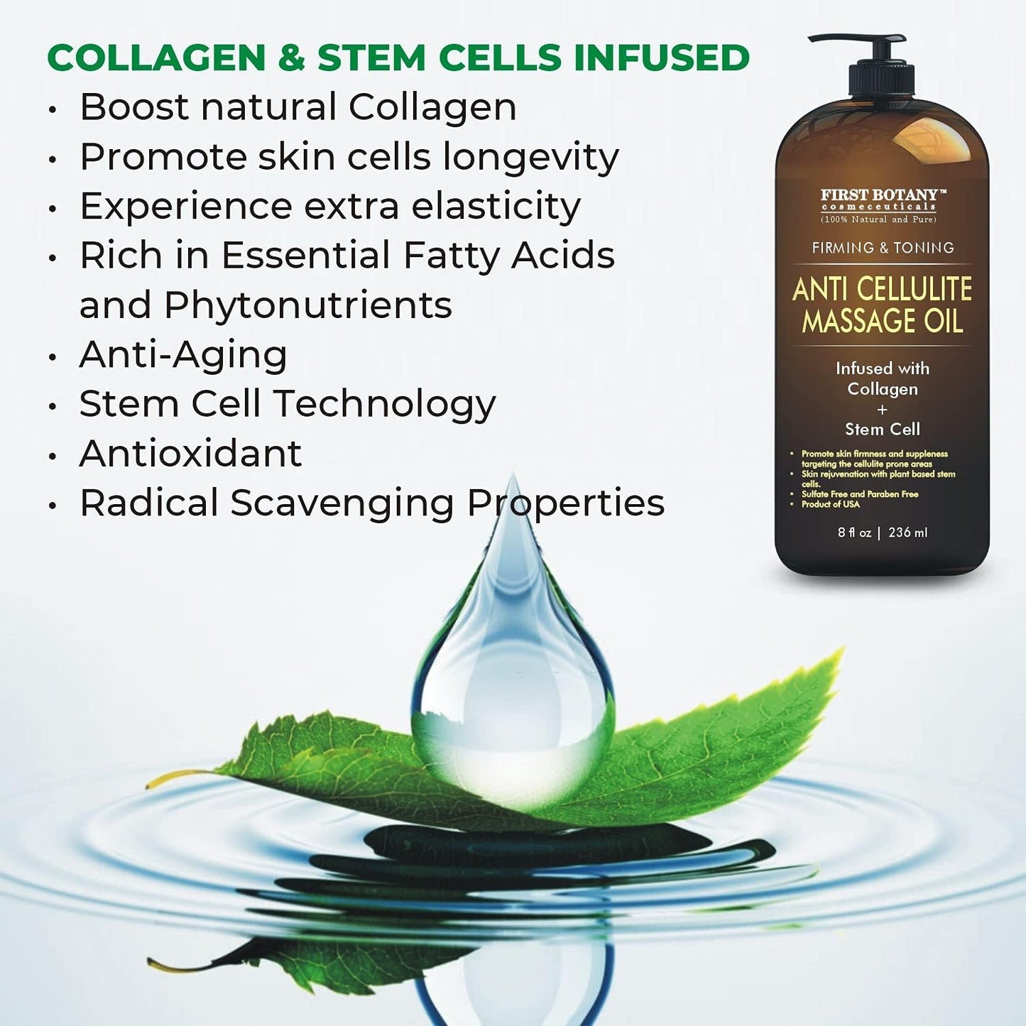 First Botany, Anti-Cellulite Massage Oil Infused with Collagen & Stem Cells - Natural Cellulite & Stretch Mark Treatment for Men & Women - 8 oz