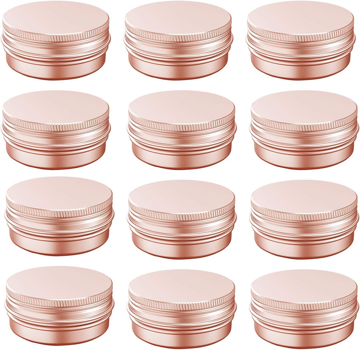 1 oz Aluminum Tin Jar with Screw Cap Refillable Container for Cosmetic, Lip Balm, Cream, Rose Gold 12 Pcs.