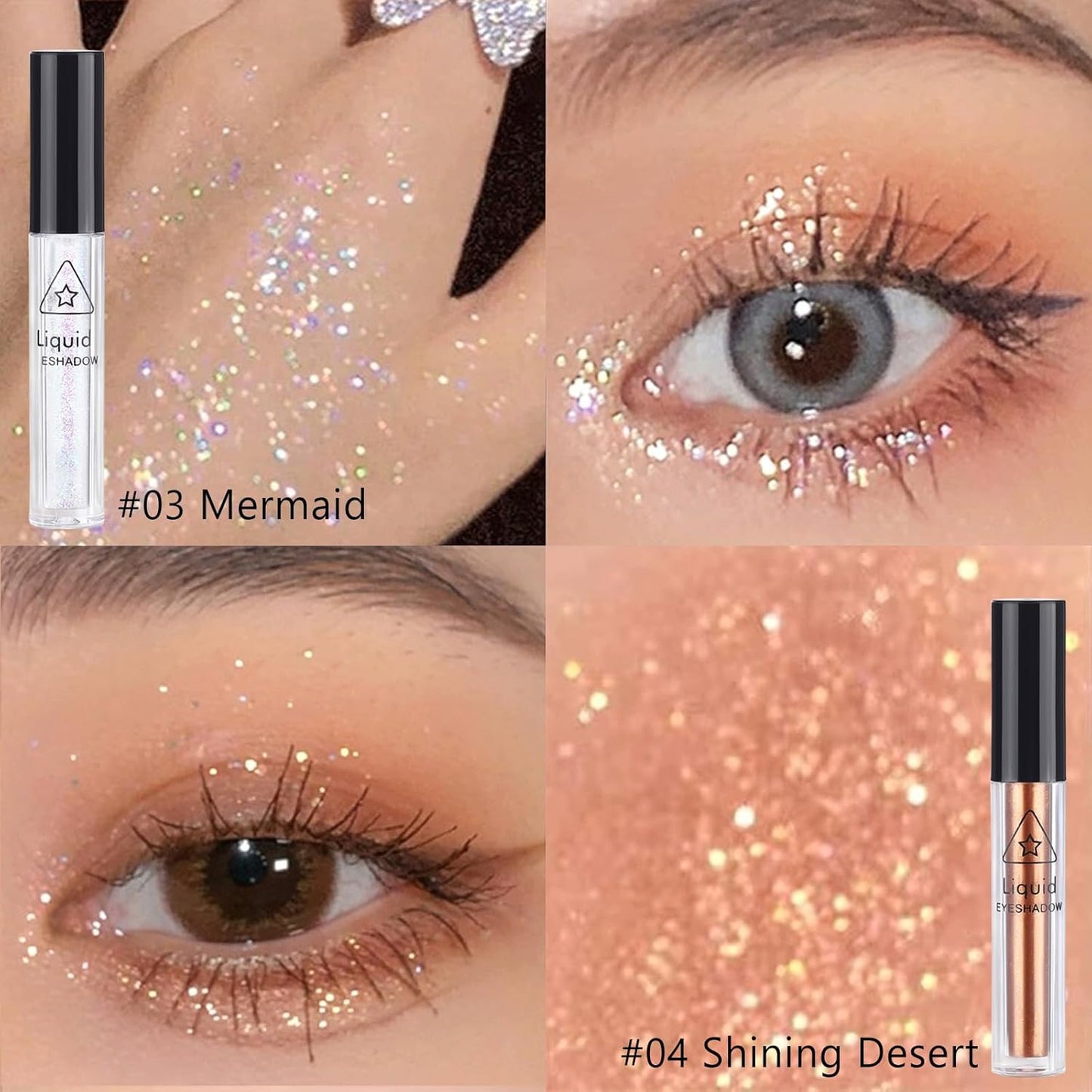 4Pcs Liquid Eyeshadow Eyeliner Kit Set for Korean Makeup, Sparkling Shimmer Metallic Eye Glitter Sequins for Under Eye Tear-Drop Make Up, Quick-Dry Loose Glitter Glue for Crystal Mermaid Looks