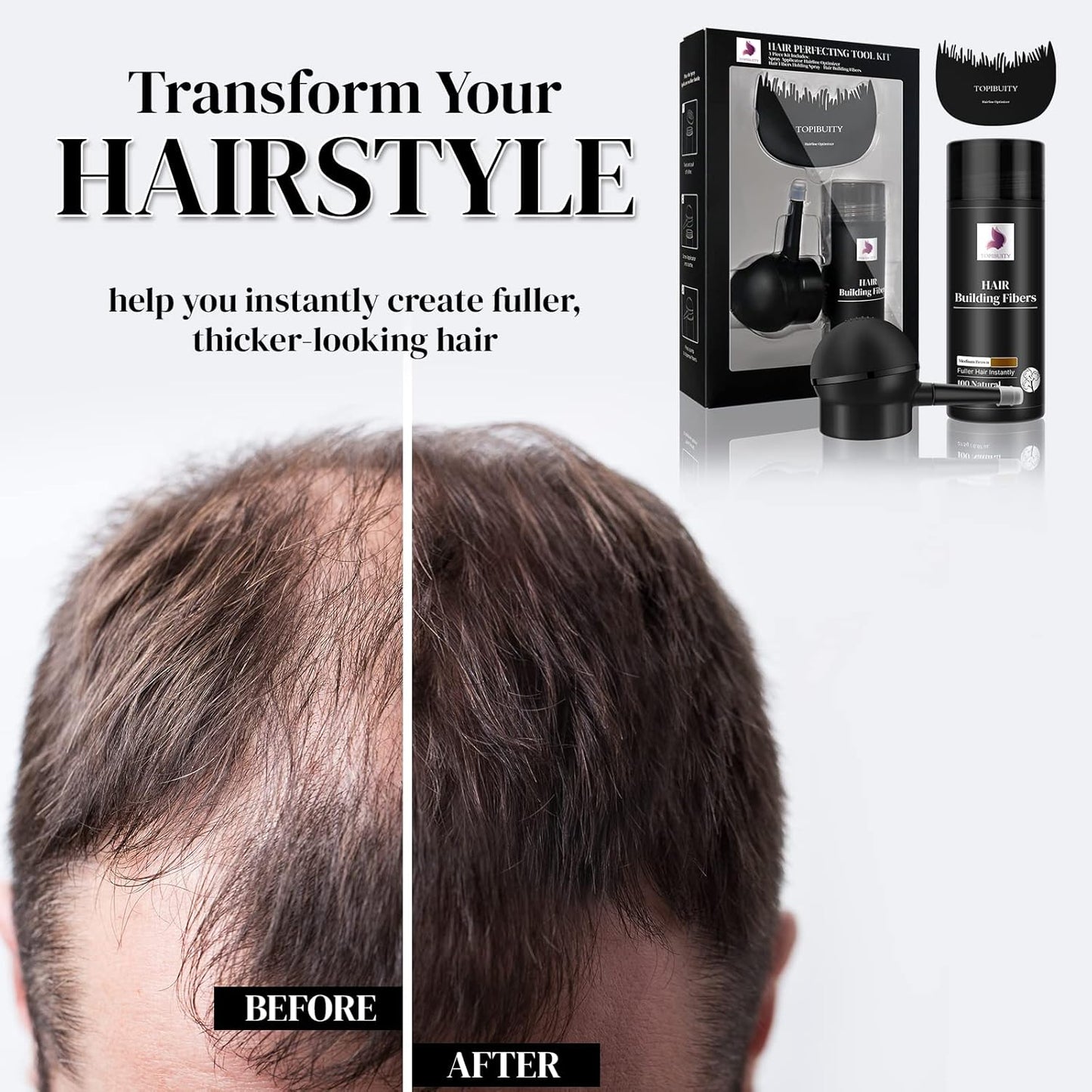 Hair Fibers & Applicator 3-in-1 Set - Natural Concealing Hair Thickening Fibers - Long-Lasting Spray with Accessory for Crisp Hairlines, Thicker Beard & Styling (medium brown)