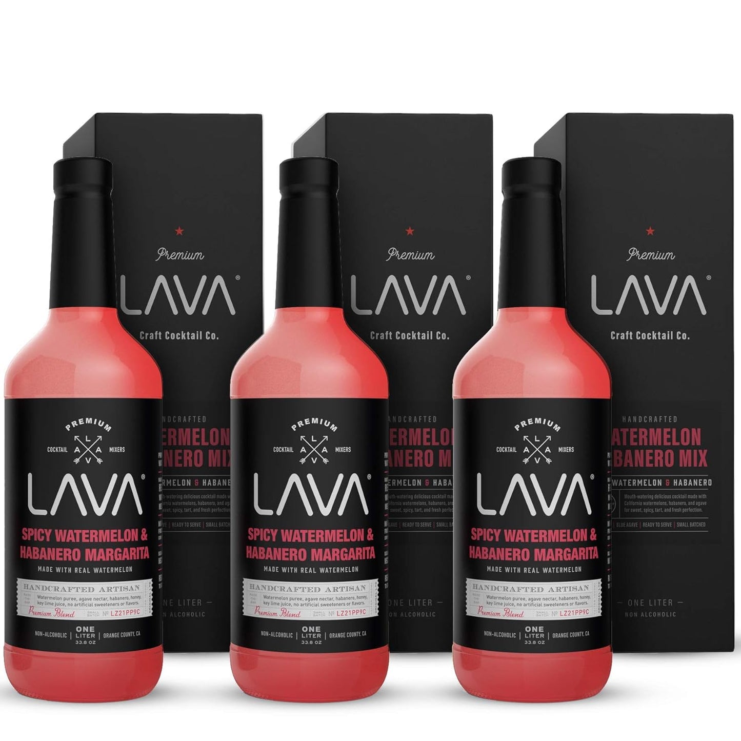 (3 Pack) LAVA Premium Spicy Watermelon Habanero Margarita Mix, Cold-Pressed Organic Watermelon, Agave, Habanero, No Artificial Sweeteners, Lots of Flavor, Ready to Use, 1-Liter (33.8oz) Glass