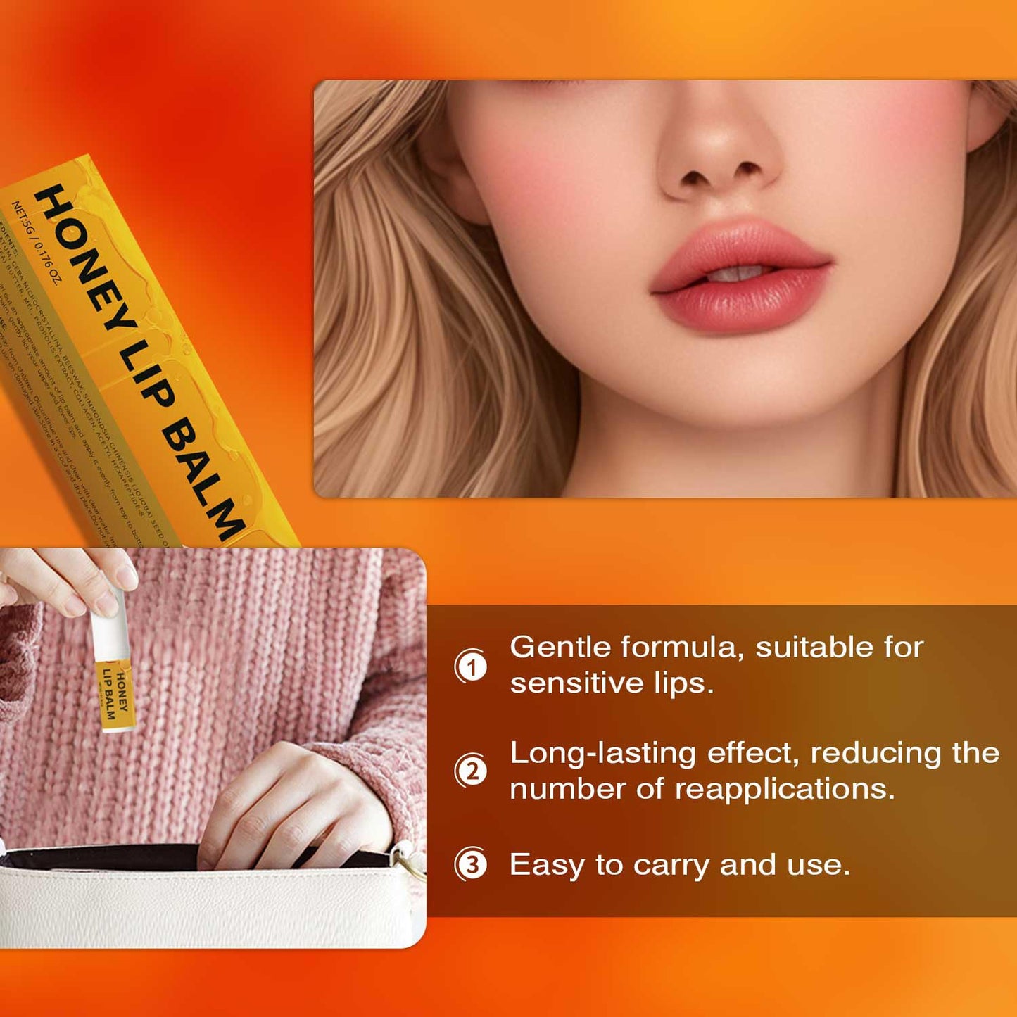 Honey Lip Balm,Organic Chapstick Lip Moisturizer,Hydrating for Dry & Chapped Lips with Collagen, Long-Lasting Moisturizing Daily Overnight Lip Mask,0.17 oz