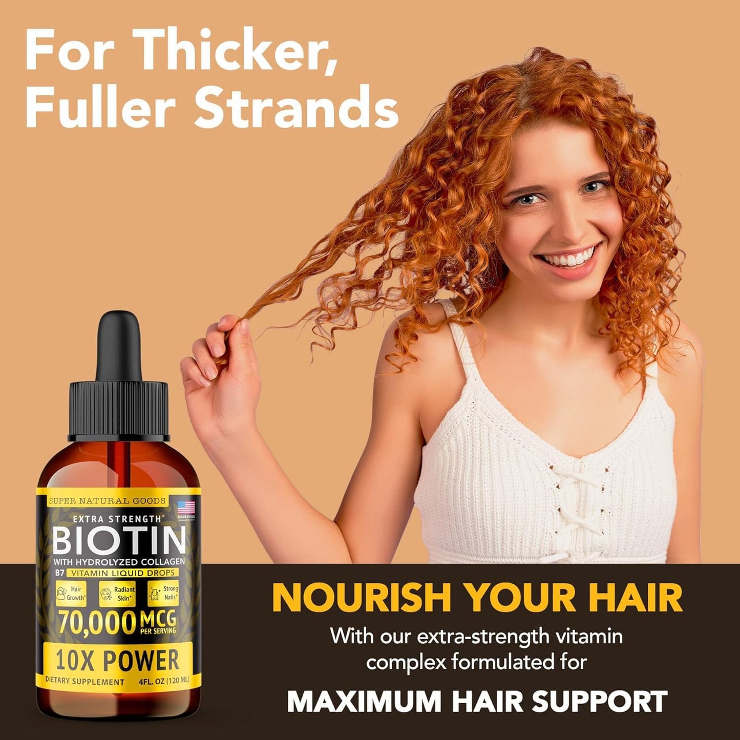 Super Natural Goods Liquid Biotin & Collagen 70,000mcg Hair Growth Vitamin Drops - Radiant Skin, Strong Nail Support - High Potency Hair Loss Supplement for Damaged Strands, for Men & Women (4oz)