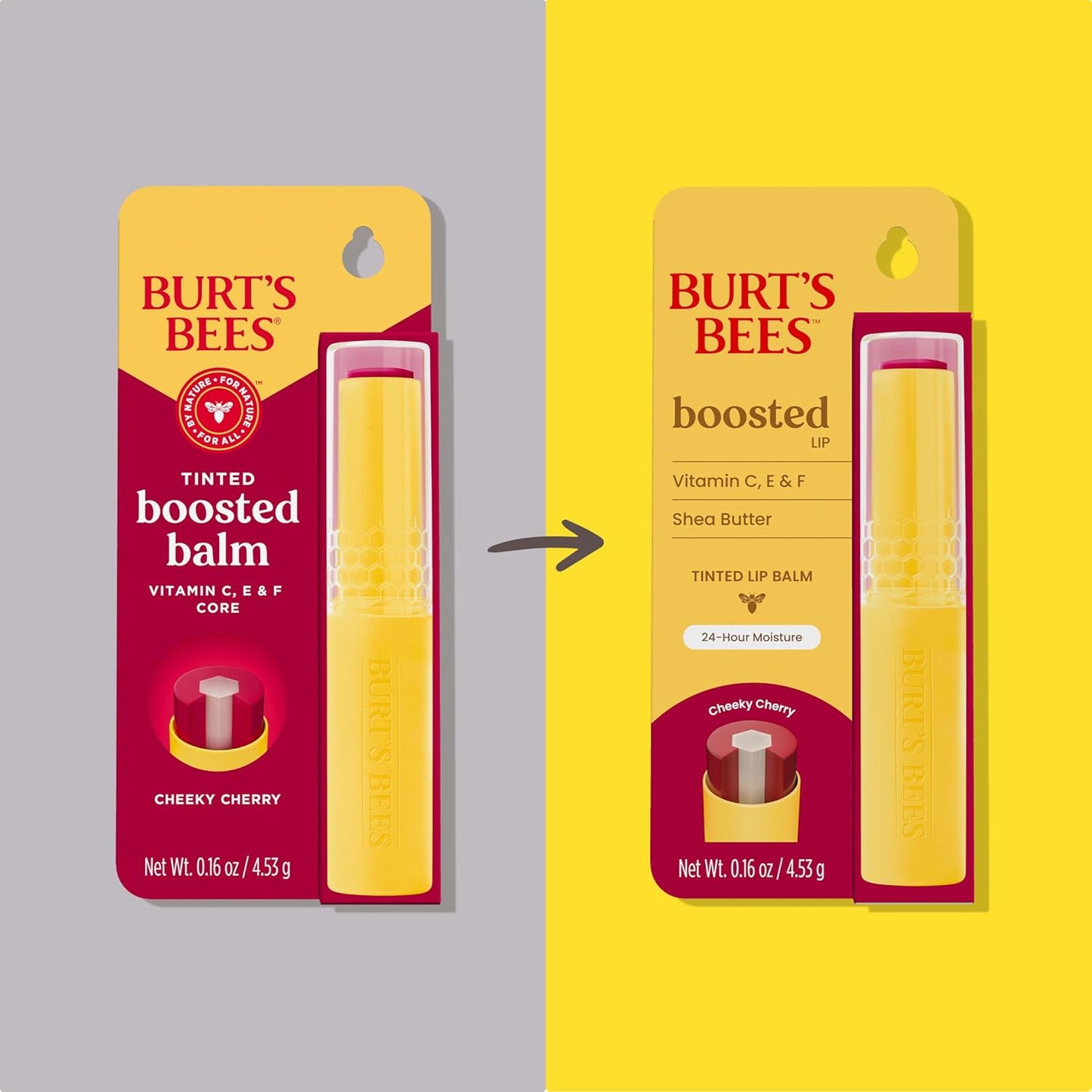 Burt’s Bees Tinted Boosted Balm, Cheeky Cherry, Hydrating Tinted Lip Balm with Vitamin C, E, and F Core, 24 Hour Lip Moisturizer with Responsibly Sourced Beeswax, 100% Natural Origin, 1 Count, 0.16oz