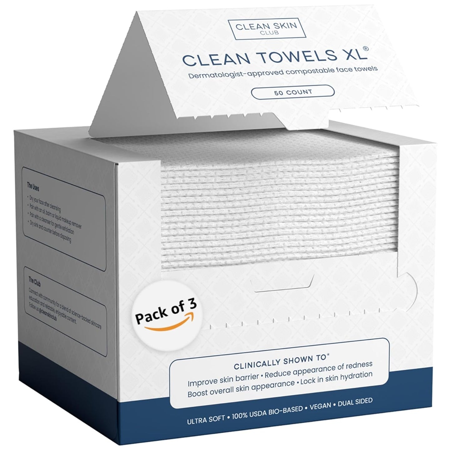 Clean Skin Club Clean Towels XL®, 100% USDA Biobased Face Towel, Disposable Face Towelette, Eczema Association Accepted, Makeup Remover Dry Wipes, Ultra Soft, 50 ct per pack, 3 Packs, 150 Ct Total