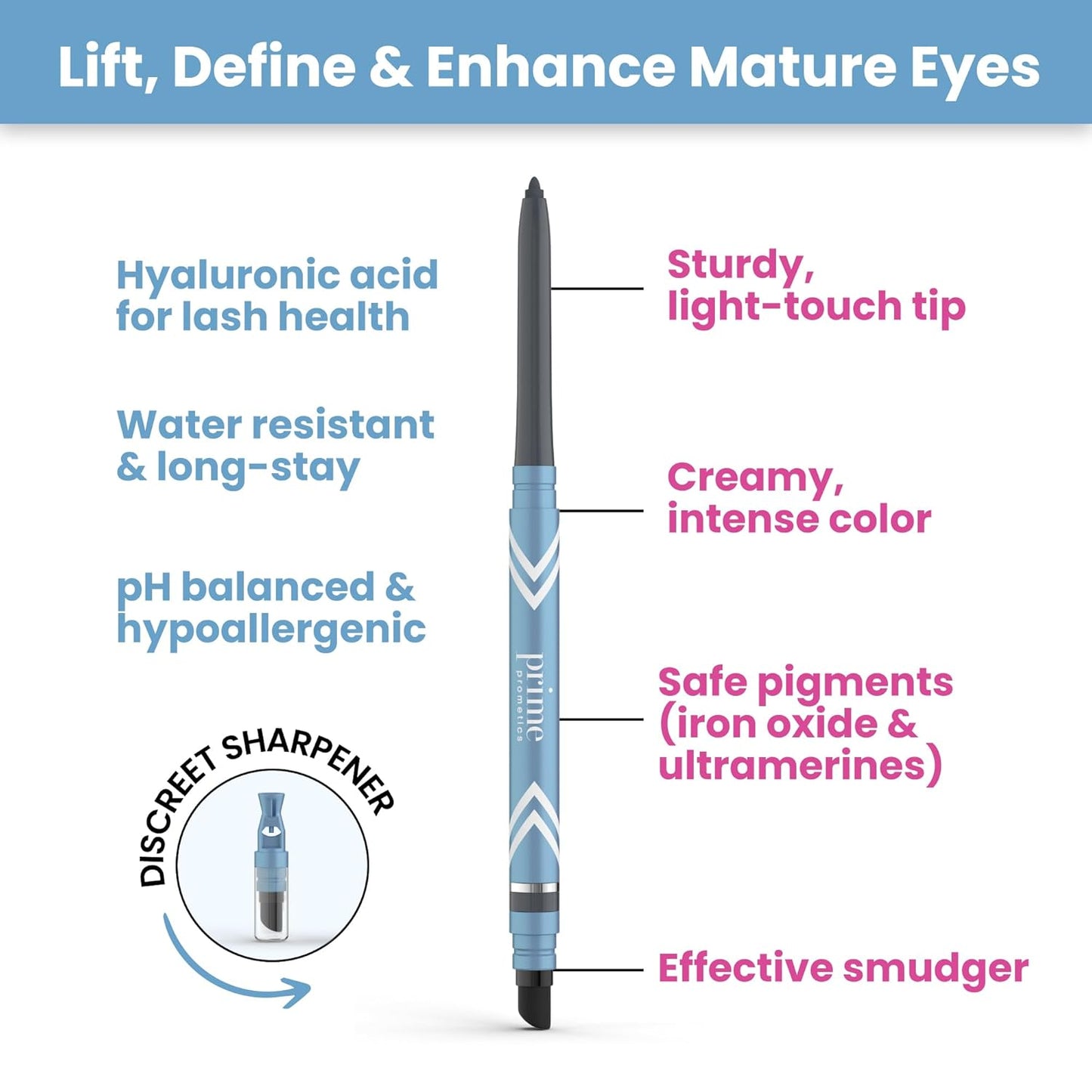 PrimeEyes Glide Eyeliner for Mature Women – Waterproof, Long-Stay and Mess-Proof – Gel Creme Texture, Discreet Sharpener and Effective Smudger (Mocha Shimmer)