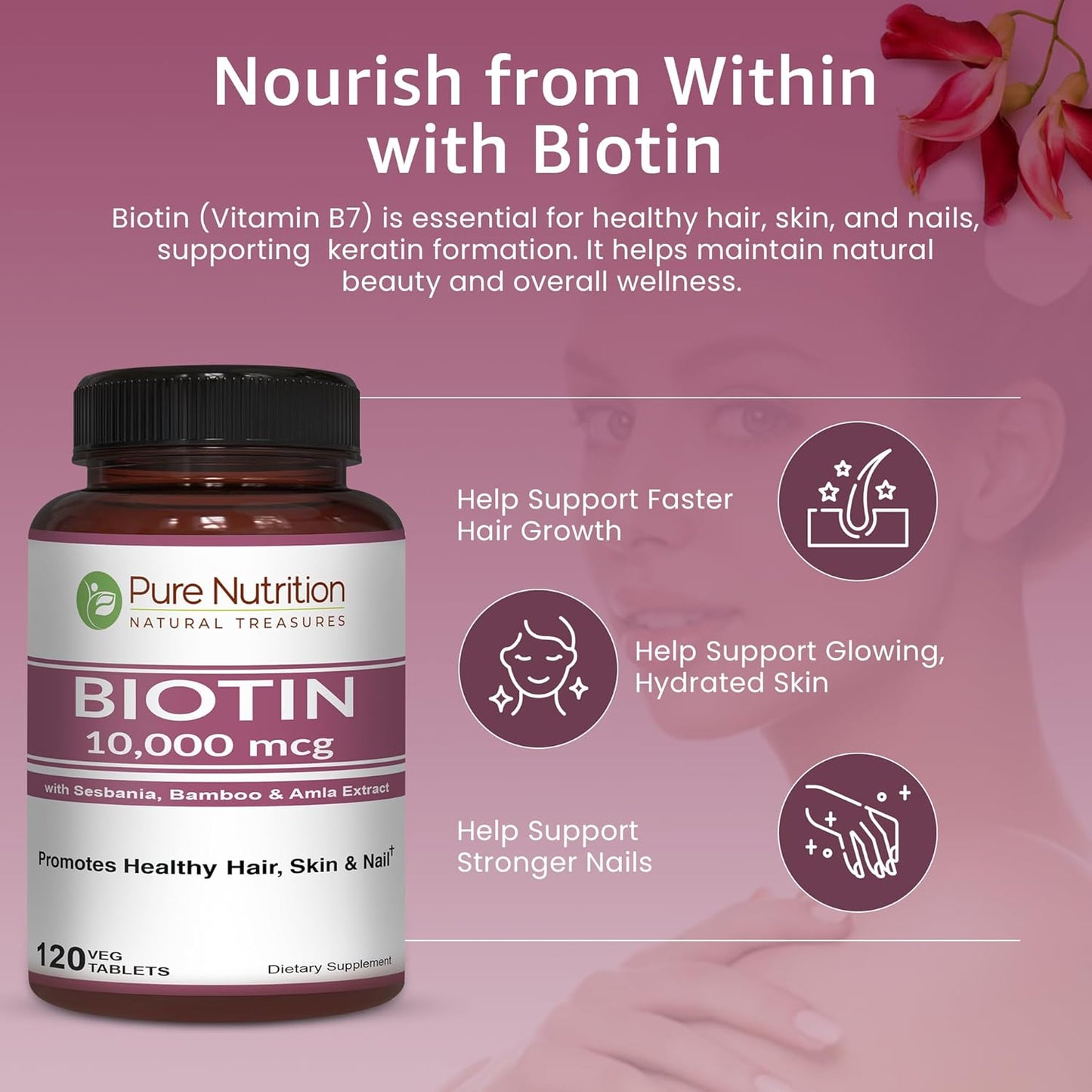 Pure Nutrition Biotin 10000mcg with Sesbania, Bamboo & Amla Extract | 120 Tabs | Natural Biotin 10000mcg Supplement | Non GMO | Gluten Free