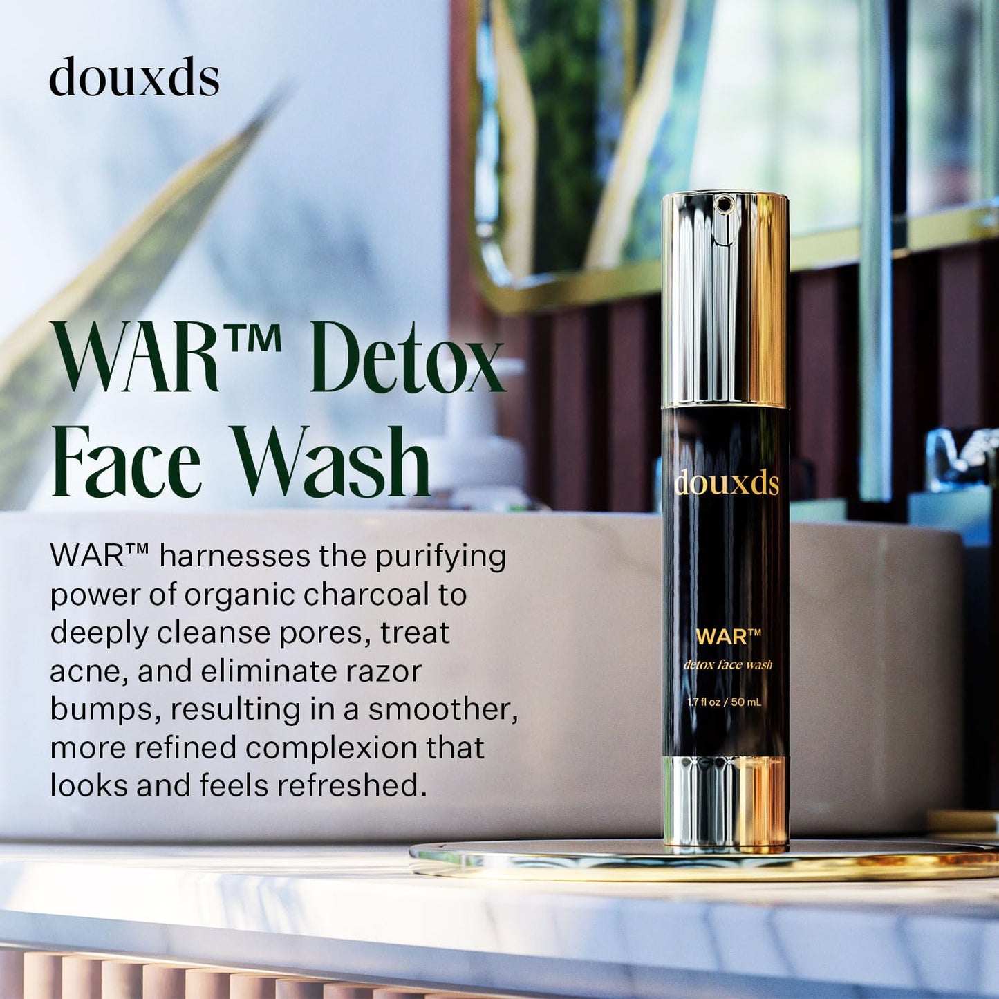 douxds WAR™ Detox Face Wash, Pore Cleaner Aloe Vera, Natural Skin Care Charcoal Face Wash, Men's Skin Care, Acne Treatment For Face, Ingrown Hair, 50 ml
