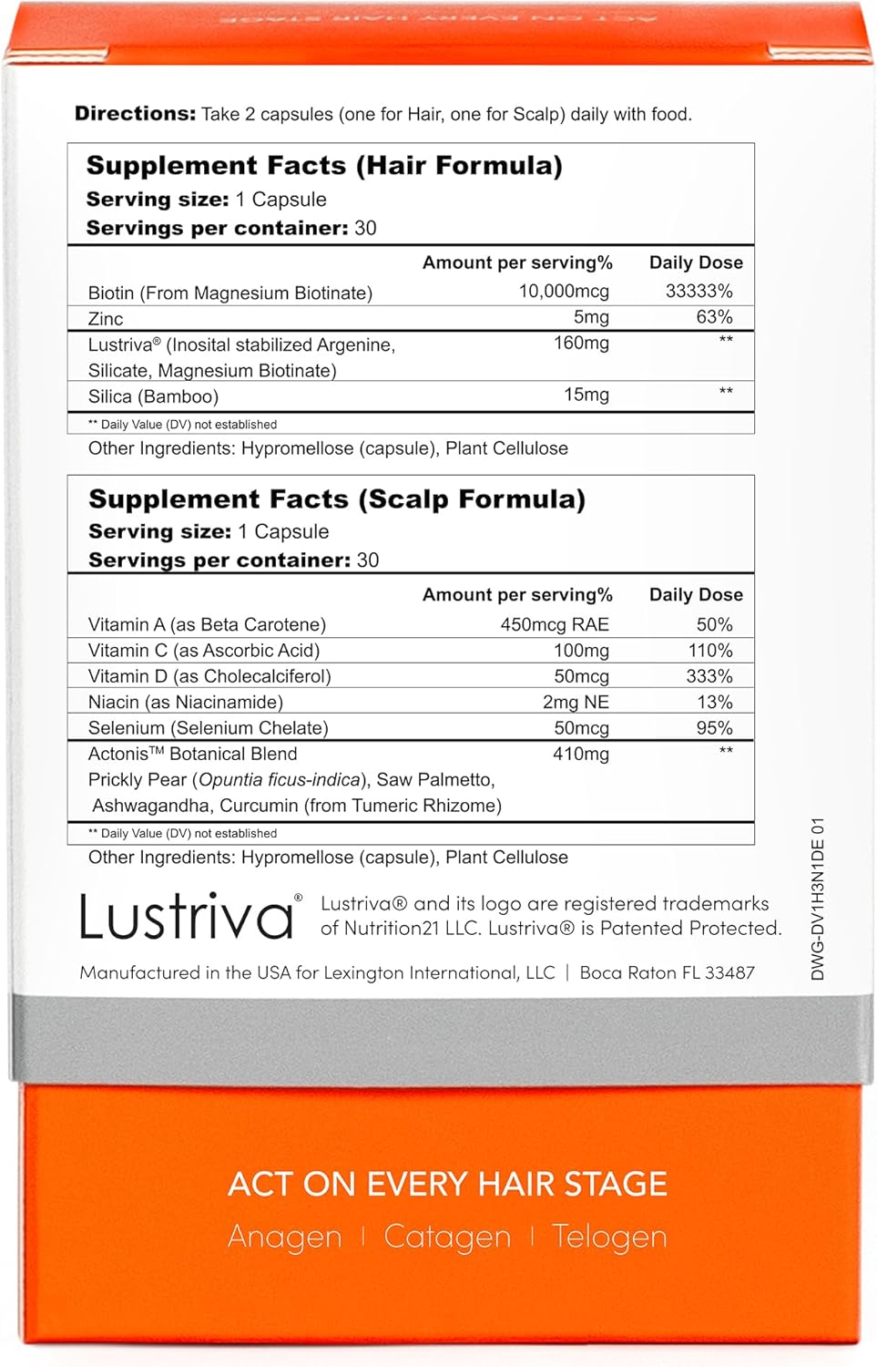 Women & Men Hair Growth Supplement, Hair + Scalp Dual Action Nutraceutical, Lustriva™ + Biotin, Men & Women Thinning Hair Supplement, Saw Palmetto, 1 Month Supply
