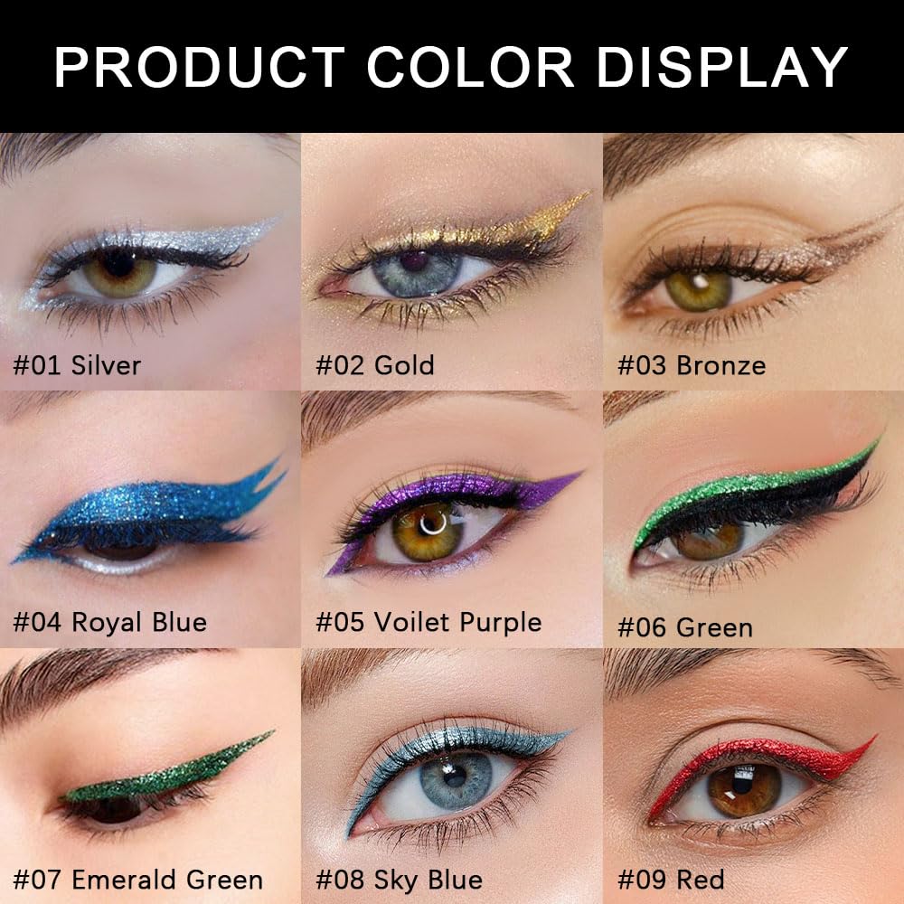 Red Metallic Glitter Liquid Eyeliner Pen – Long-Lasting Sparkly Waterproof Eyeliner for Women & Men – Tattoo-Effect Eye Makeup for Parties – Delineador de ojos líquido con 09
