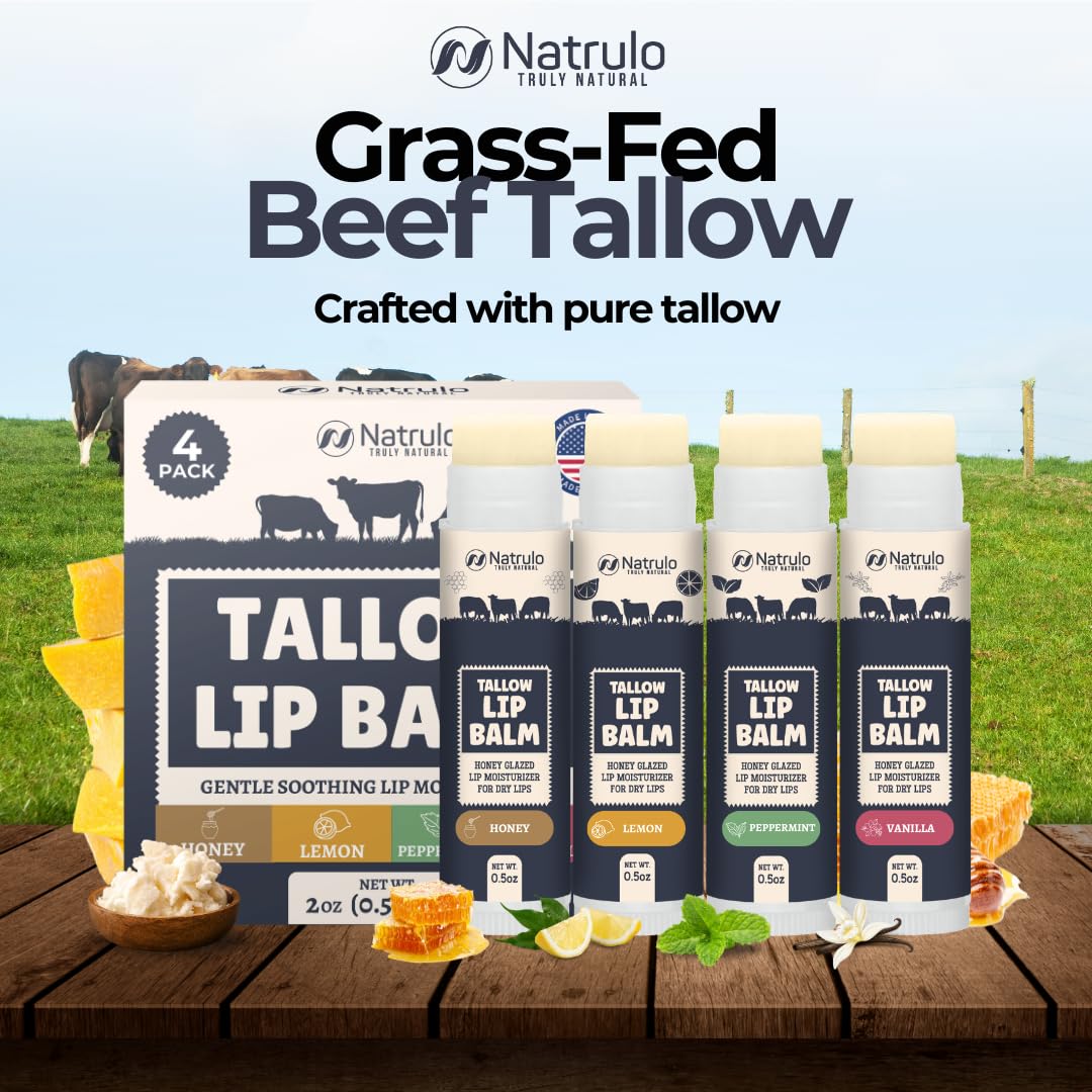 Beef Tallow Lip Balm – Natural Tallow Beeswax Chapstick – Hydrating Grass Fed Beef Tallow Honey Balm Lip Care – Soothes Chapped Dry Sensitive Lips – Long Lasting Vitamin Rich USA-Made Variety Pack