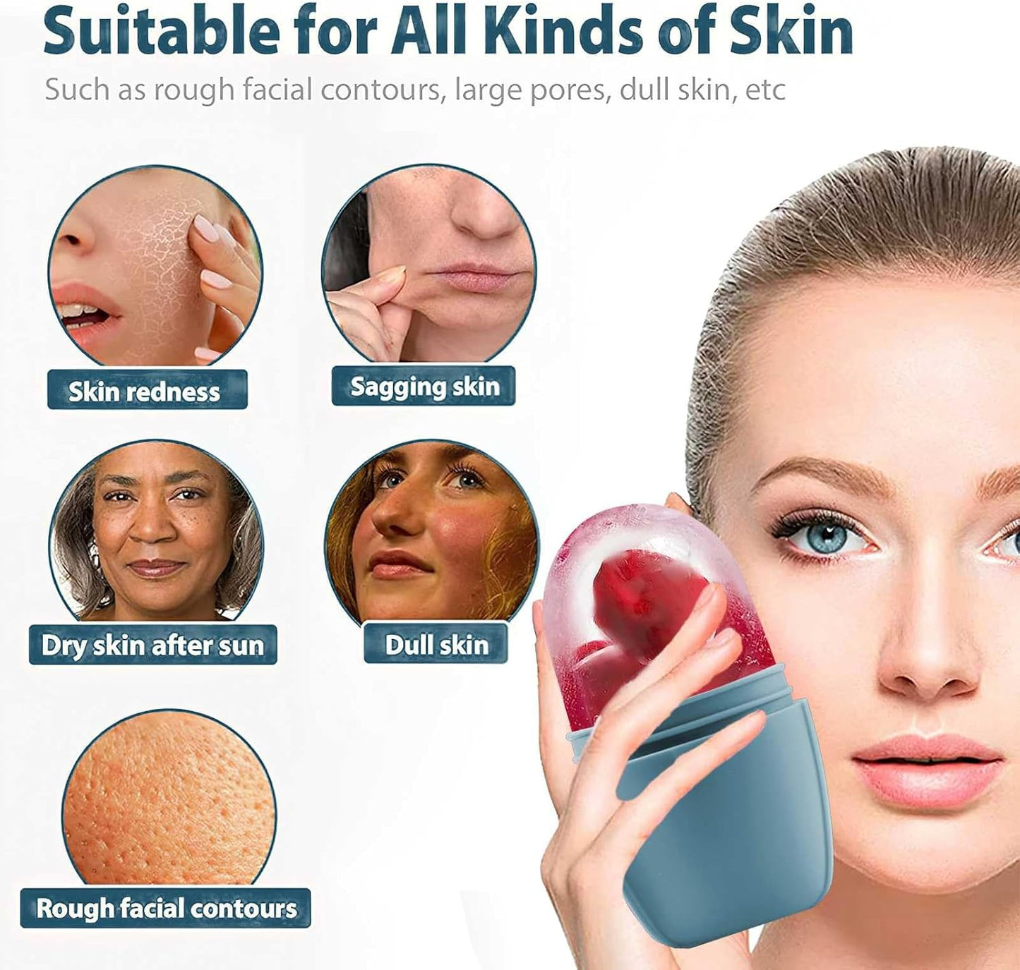 KOGITI Face Ice Roller & Mold - Beauty Facial Massage Tool for Puffiness Relief, Ice Cube Holder (Brush-Blue)