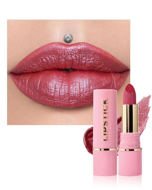 Glitter Metallic Rose Nude Shimmer Lipstick Long Lasting,Glitter Diamond Shine Red Lipstick Transfer Proof Non-Stick Lip Gloss Shimmer Highly Pigmented Full Coverage Lip Makeup for Women-05