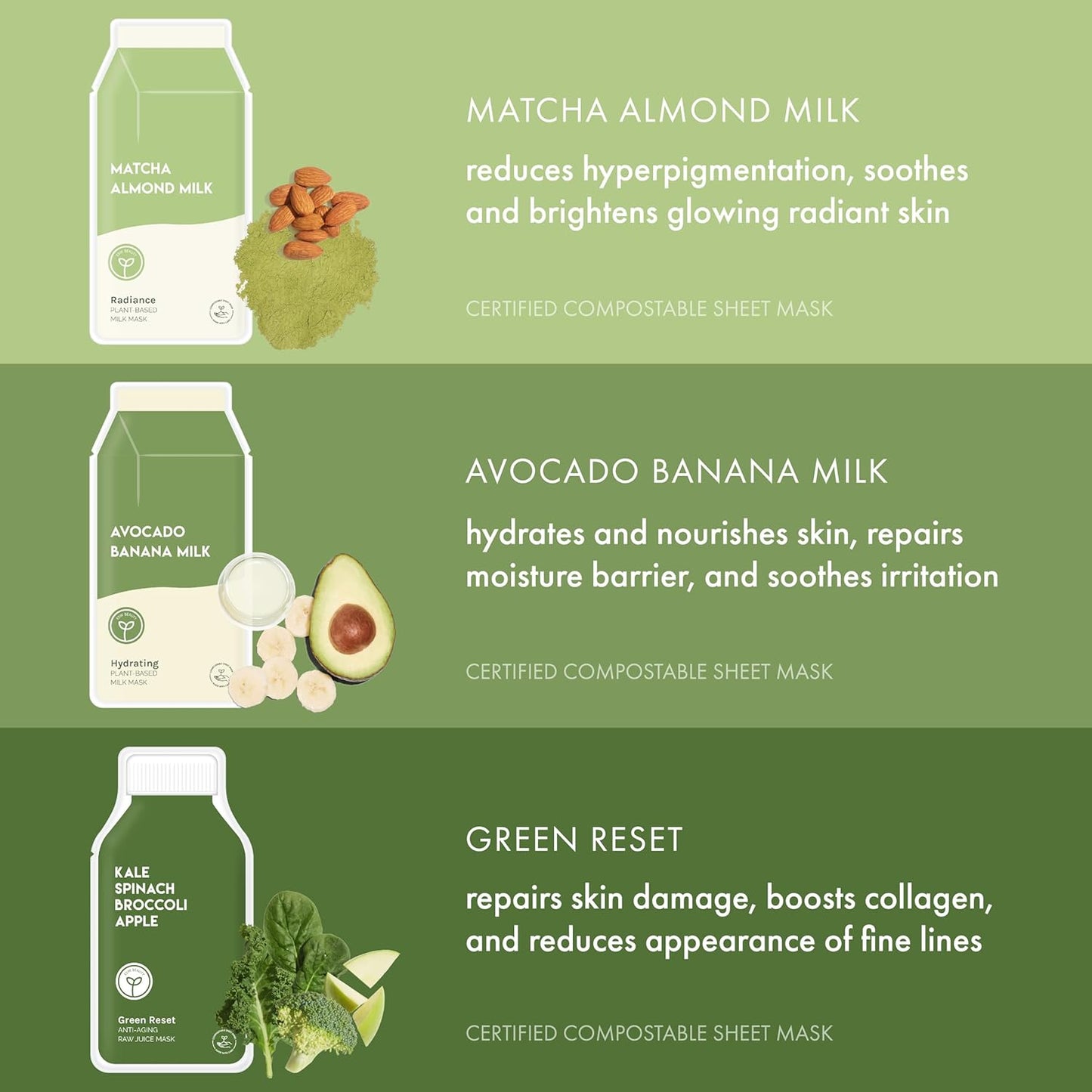 ESW Beauty Fresh Greens Superfood Set – Antioxidant-Rich Face Masks with Apple, Kale, & Broccoli – Includes Matcha Almond, Green Reset & Avocado Banana – Vegan, Clean Beauty for Glowing Skin